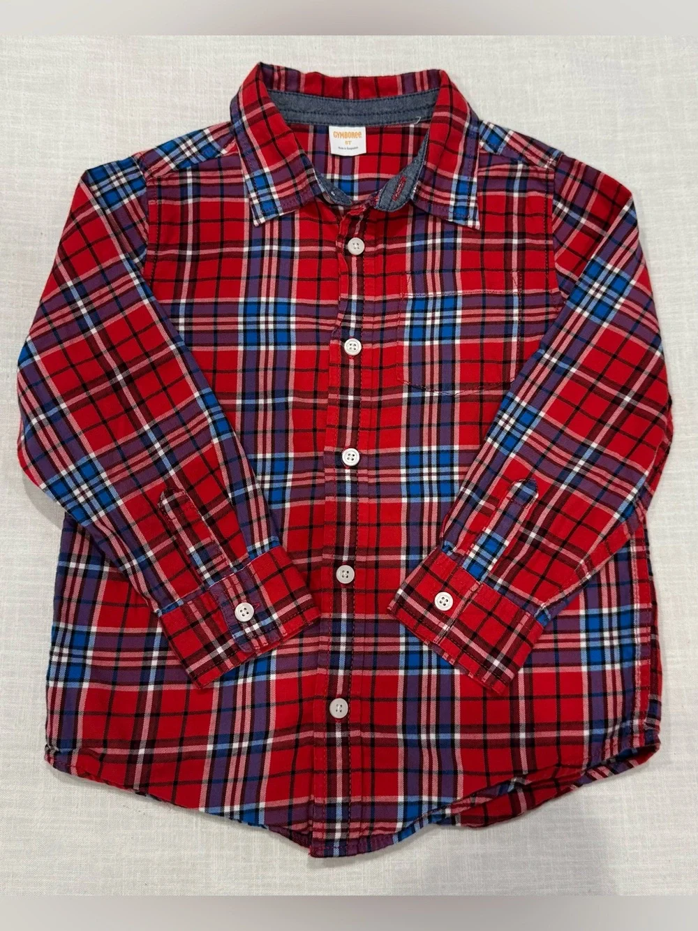 Gymboree Boys Long Sleeve Button Down Shirt Size 5T Plaid Pattern Red Blue and W